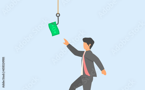 Money bait illustration. Financial trap. A business man who are interested in catching money tied to fishing hook. illogical business profits. fake investment. Risky investment