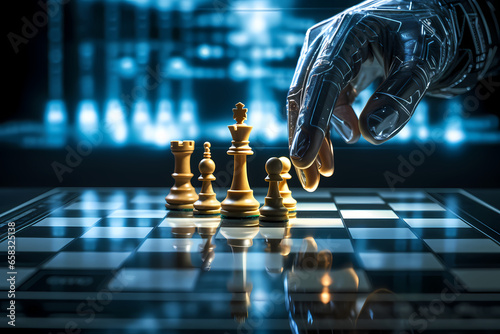 focused shot of a chess board with a robot hand moving a chess piece. Generative Ai