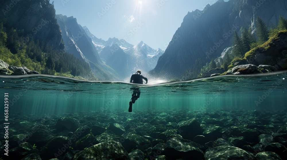 Diver on the surface of the water with mountains in the background Diver on the surface of the water with mountains in the background