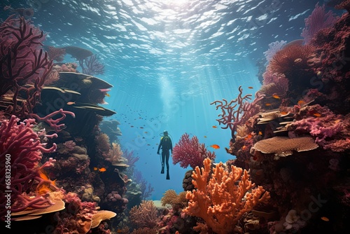 Coral reef diver  diving through beautiful coral reef