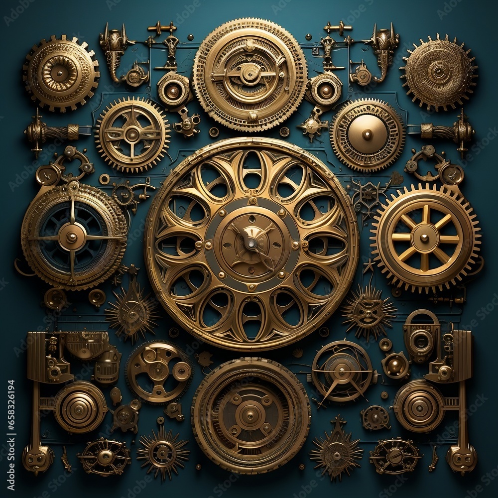 A collection of wheels and gears on a black background A collection of wheels and gears on a black background
