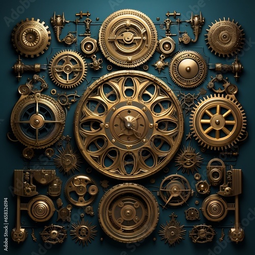 A collection of wheels and gears on a black background