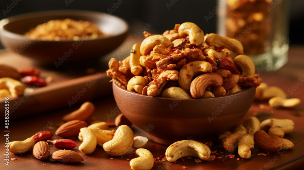 Spicy and tangy nut mix UHD wallpaper Stock Photographic Image - obrazy, fototapety, plakaty 