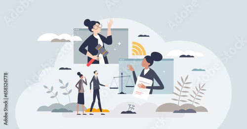 Virtual court for legal lawsuit process using video tiny person concept. Technology usage for distant trial with judge, advocate and lawyer vector illustration. Online connection from courthouse.
