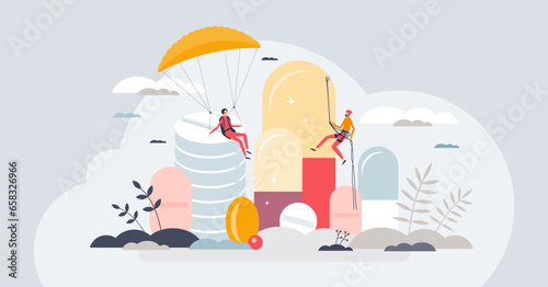 ADHD supplements as attention deficit medical solution tiny person concept. Hyperactivity disorder drugs and pharmacy treatment for mental problems vector illustration. Medication usage for therapy.