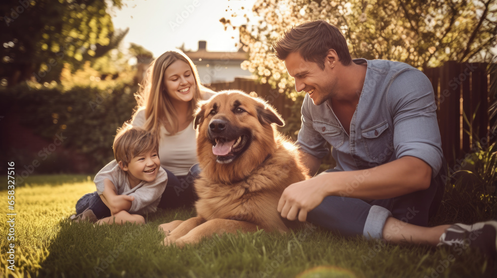 Fototapeta premium Happy family and their dog outdoors in the summer