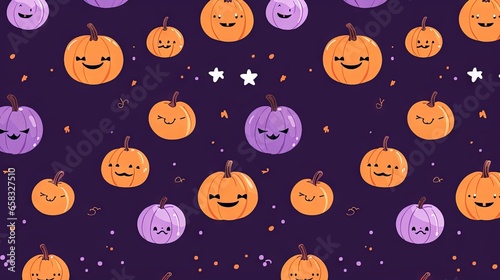  a pattern of pumpkins with faces and stars on a purple background. generative ai