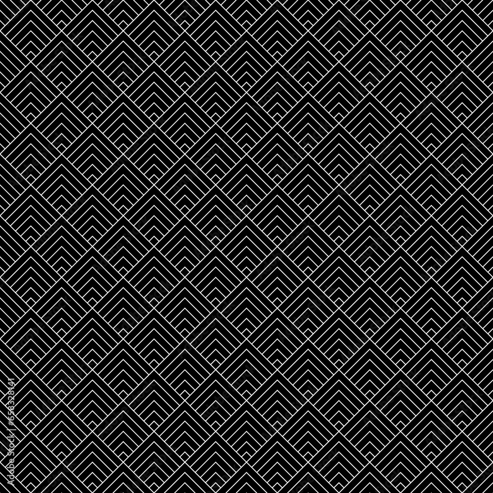Seamless Chinese window tracery pattern design. Repeated black rhombuses and angle brackets on white background. Scallop ornament. Image with scales. Ancient japanese scallops motif. Squama. Vector