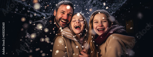 Happy family smiles in the snowfall outside