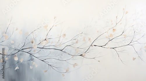  a painting of a tree branch with white leaves on it. generative ai