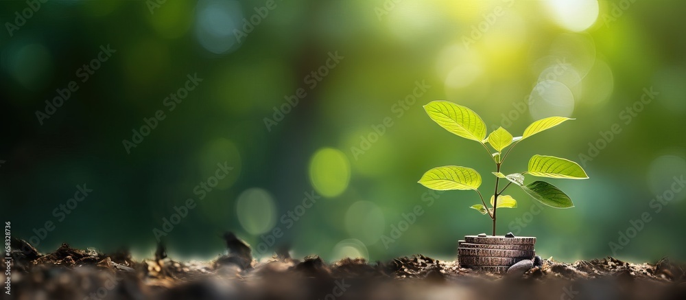 Blurred green backdrop with a tree and leaves symbolizing finance - obrazy, fototapety, plakaty 