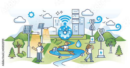 Sustainable urban living with smart and nature friendly city outline concept. Town park with local alternative energy powered lighting and environmental healthy lifestyle society vector illustration.