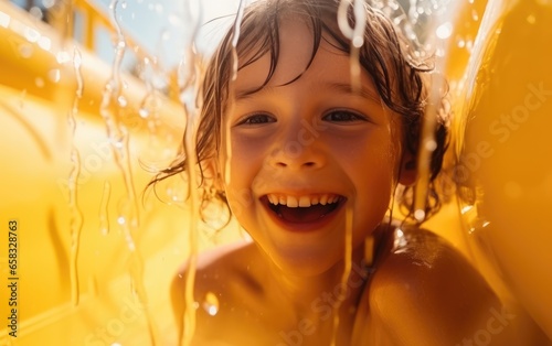 A happy child is riding the...