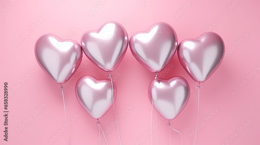  a bunch of shiny heart shaped balloons on a pink background.  generative ai