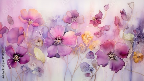  a painting of purple and yellow flowers on a white background. generative ai