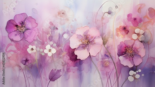  a painting of pink and white flowers on a purple background. generative ai