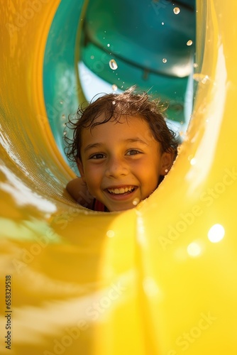 A happy child is riding the...