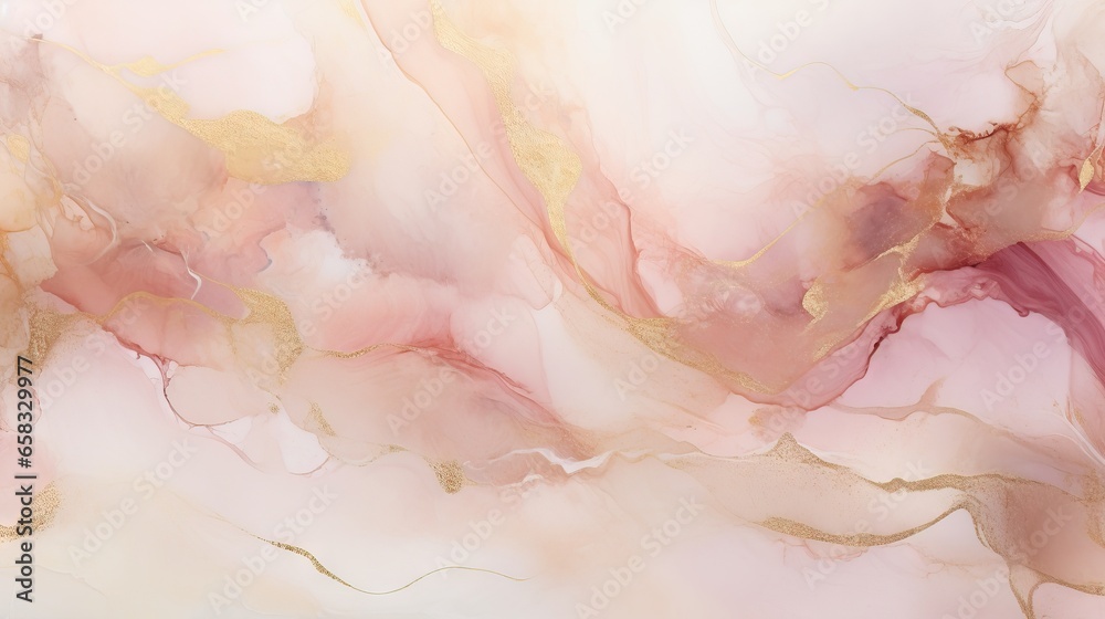  an abstract painting of pink and gold colors on a white background.  generative ai