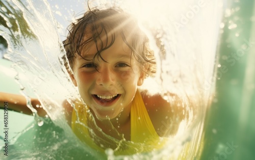 A happy child is riding the...