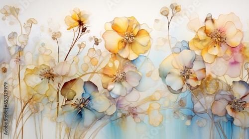  a painting of flowers on a white wall with blue and yellow colors.  generative ai