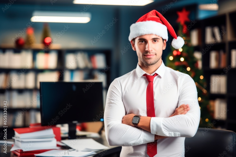 Smiling portrait of a happy caucasian man with Christmas hat in a business office decorated for christmas and the new year holidays Smiling portrait of a happy caucasian man with Christmas hat in a business office decorated for christmas and the new year holidays