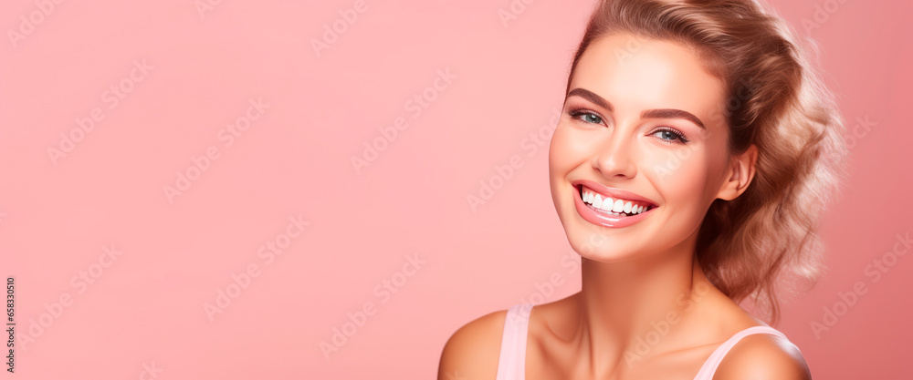 Portrait young woman with attractive appearance, charming smile, looking at camera on pink background, positive emotions, dental-care Portrait young woman with attractive appearance, charming smile, looking at camera on pink background, positive emotions, dental-care