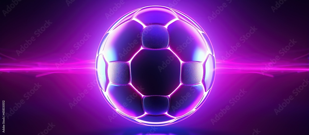 Futuristic neon lit soccer ball on white backdrop