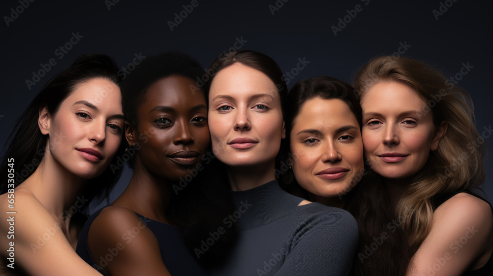 Cheerful women of different nationalities and ages standing together in studio Cheerful women of different nationalities and ages standing together in studio