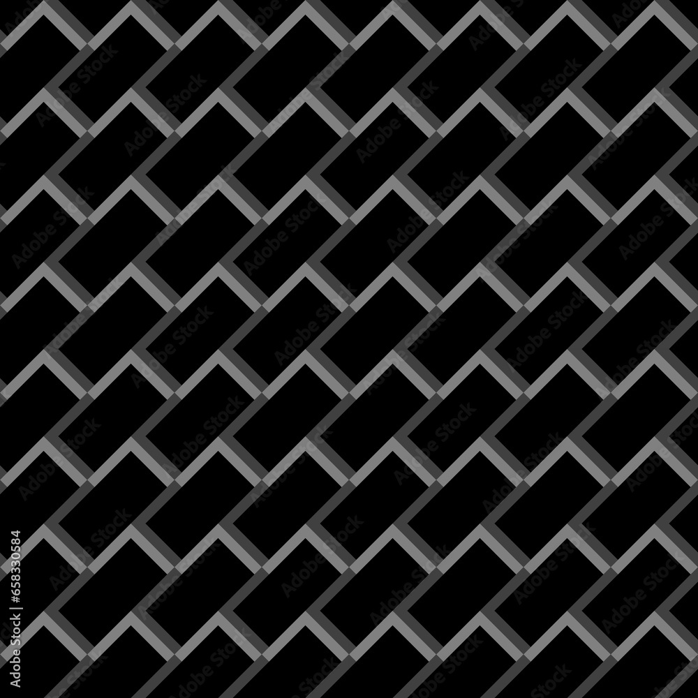 Repeated grey angle brackets and black rectangles background. Seamless pattern design. Chevrons abstract. Checkered ornament. Image with checks. Modern flooring motif. Zigzag lines wallpaper. Vector
