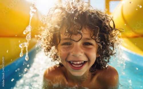 A happy child is riding the...