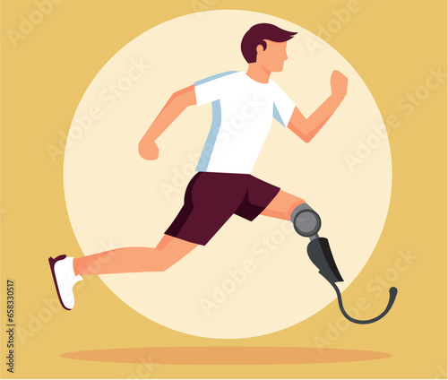 Disabled man with prosthetic leg running outdoors. Technology and lifestyle for the disabled. Rehabilitation for the disabled.