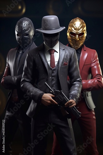 3D rendering of a group of futuristic people with guns with suit on a dark background Generative AI