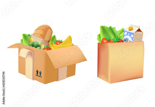 Goods in cardboard boxes. 3D packaging. Food delivery. Package, delivery boxes, cargo box. Cargo distribution, export