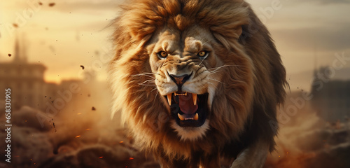 Portrait of a lion. A huge roaring lion. Generative artificial intelligence