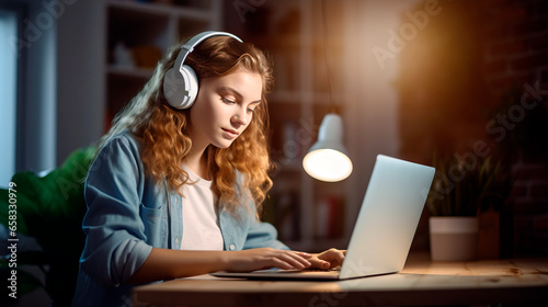 Business woman, at home at night and use laptop, thinking and working on digital strategy, listens to music in headphones to concentrate photo