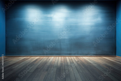 Beautiful versatile backdrop for product design and presentation with a blue wall and wood floor © Prime Lens