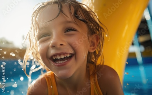 A happy child is riding the...