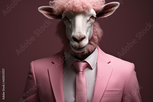 Cute funny sheep in clothes. Pink mood concept. Portrait with selective focus and copy space