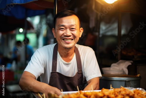 Portrait of a happy smiling Chinese man  street food vendor  standing at his stand at Chinese marketplace 
