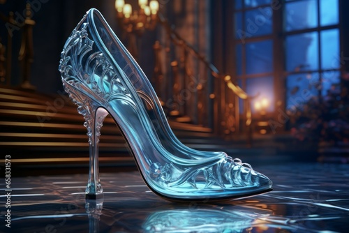 Glass slipper from fairy tales and legends. Background with selective focus and copy space photo