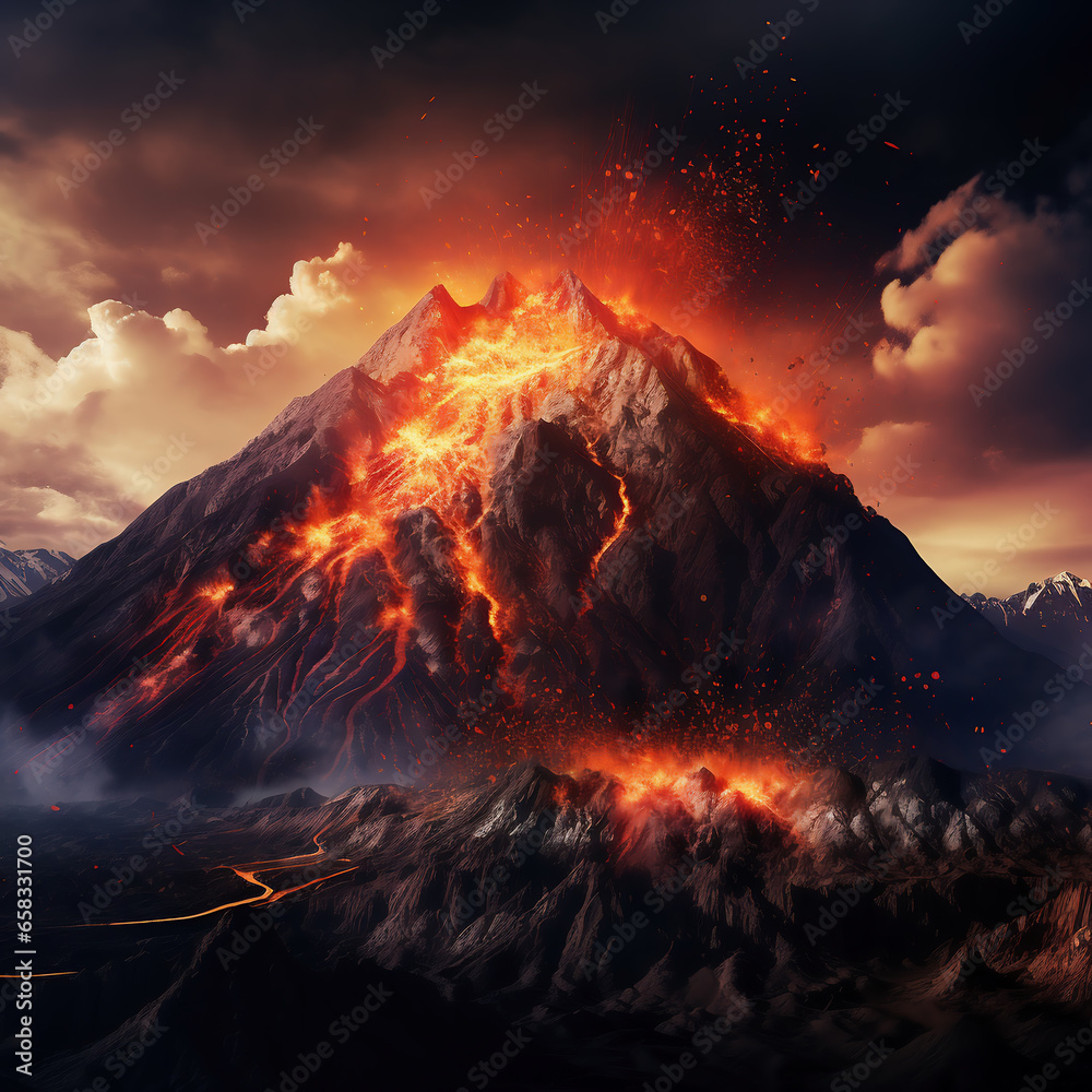 Volcano eruption. Volcanic range with smoke clouds from the volcano. Generative artificial intelligence