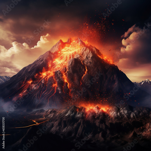 Volcano eruption. Volcanic range with smoke clouds from the volcano. Generative artificial intelligence
