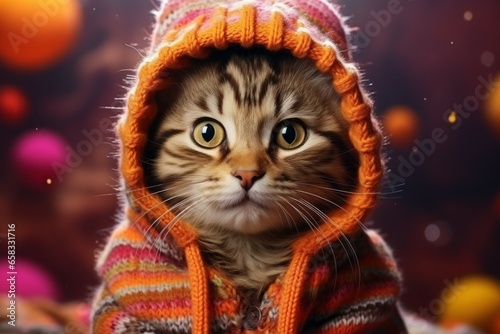 Cute cat in clothes. Autumn mood concept. Background with selective focus and copy space