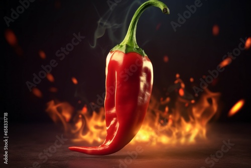 Red hot chili pepper on fire. Background with selective focus and copy space