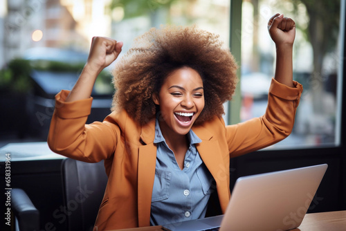 Cheerful Afro American businesswoman celebrating success while using laptop in cafe Generative AI photo