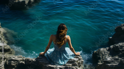 A girl meditates on the shore of the turquoise ocean