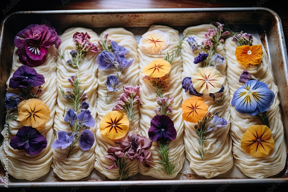  raw croissants with edible flowers on baking tray, apothecary aesthetic