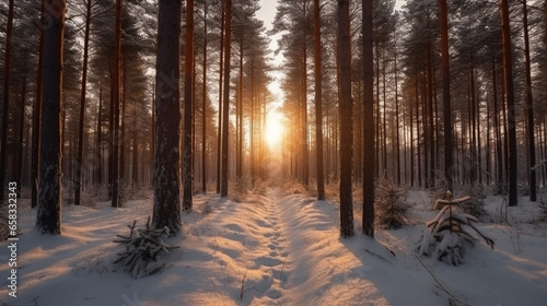 Pine forest, in winter. AI Generated