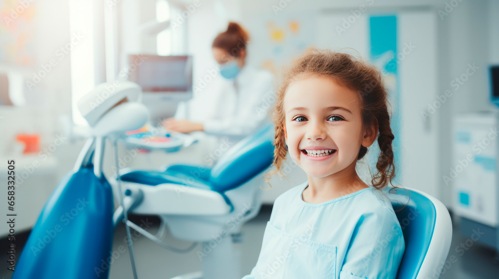 Charming little girl sitting in dental chair smiling and looking at camera, female patient waiting for dental treatment at modern clinic Charming little girl sitting in dental chair smiling and looking at camera, female patient waiting for dental treatment at modern clinic