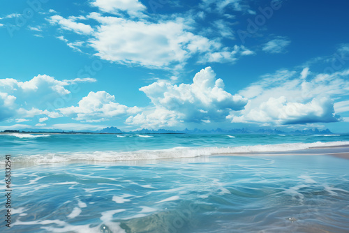 Radiant Day by the Azure Shoreline. A Generative AI Depiction of a Beach with Crystal Clear Blue Waters